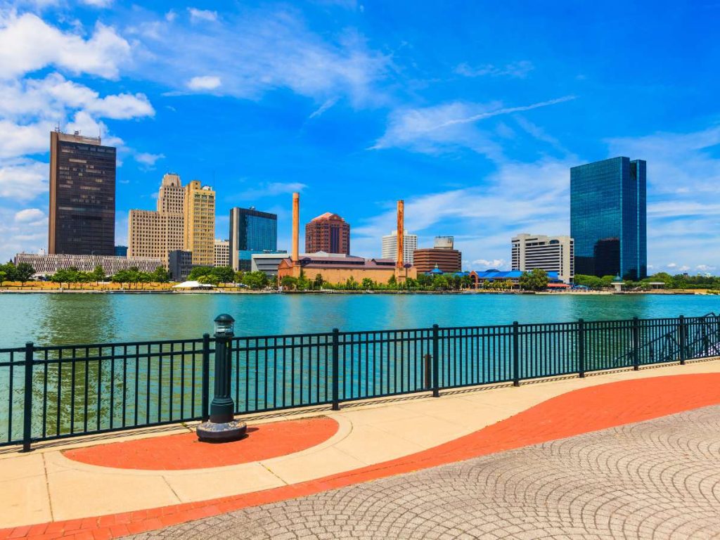 A view of the downtown Toledo waterfront on a bright sunny day.