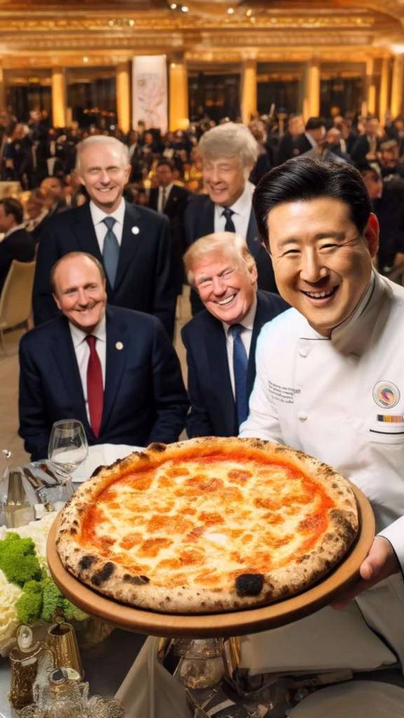 A sophisticated setting in Seoul during the G20 summit, with the President looking man and other world leaders enjoying authentic Neapolitan pizza. The scene is set in a beautifully decorated banquet hall, with elegant table settings and a festive atmosphere. The chef is in the foreground, proudly presenting his freshly baked pizza to the smiling President and guests.