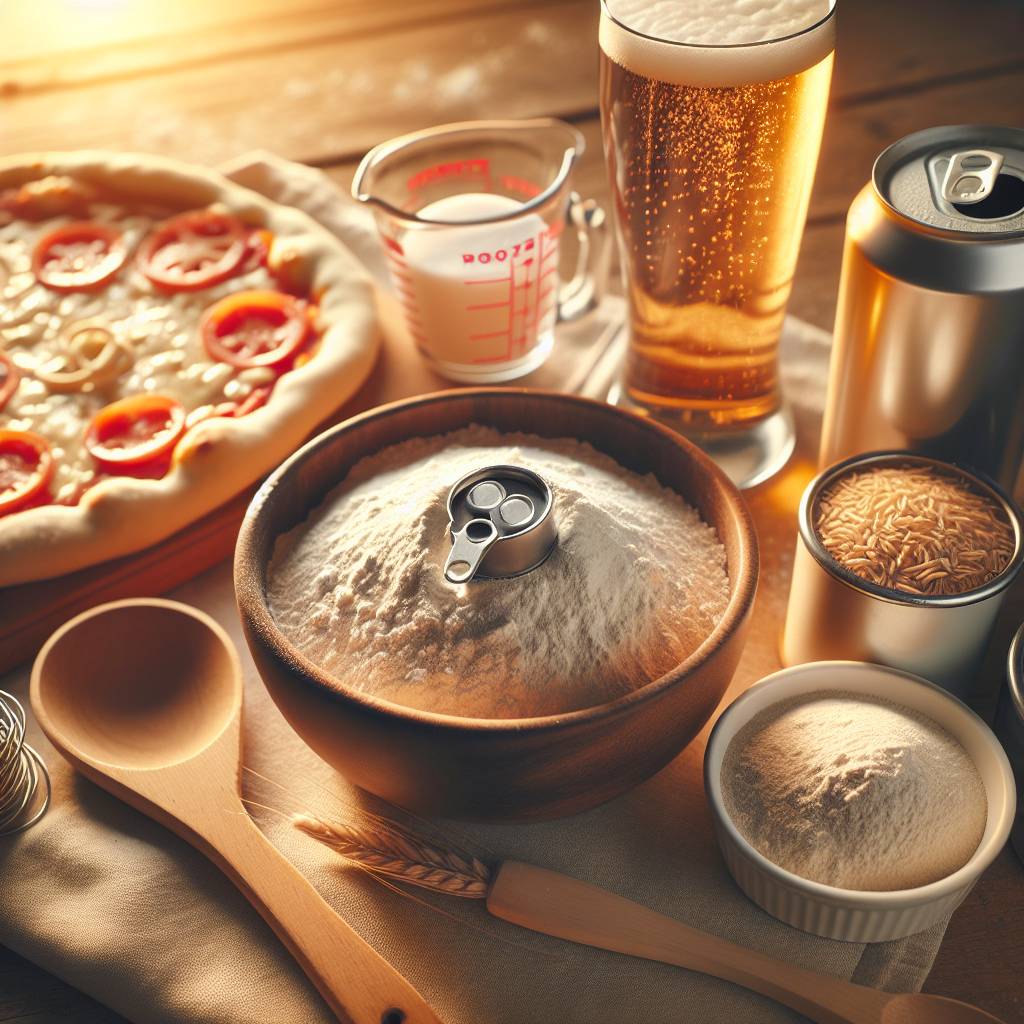 A close-up photo of a mixing bowl filled with flour, yeast, and a can of beer. Next to the bowl, there is a measuring cup with water and a wooden spoon for mixing.