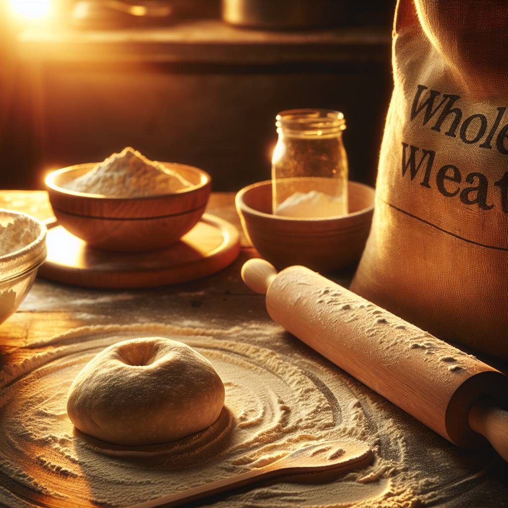 A bag of whole wheat flour, a mixing bowl with dough, a rolling pin, and a pizza stone.