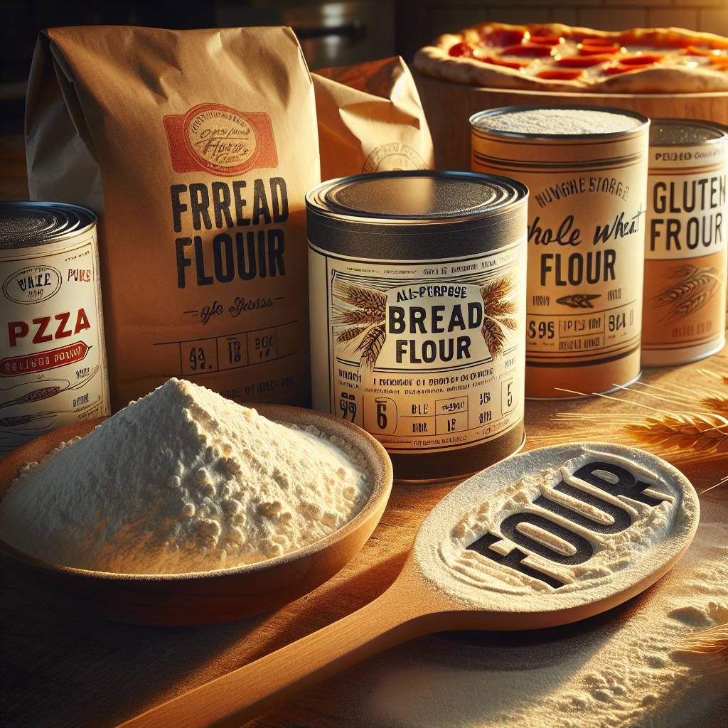 Different types of flour in various packaging - all-purpose flour, bread flour, whole wheat flour, and gluten-free flour. A wooden spoon and a mixing bowl are also present on a kitchen countertop.