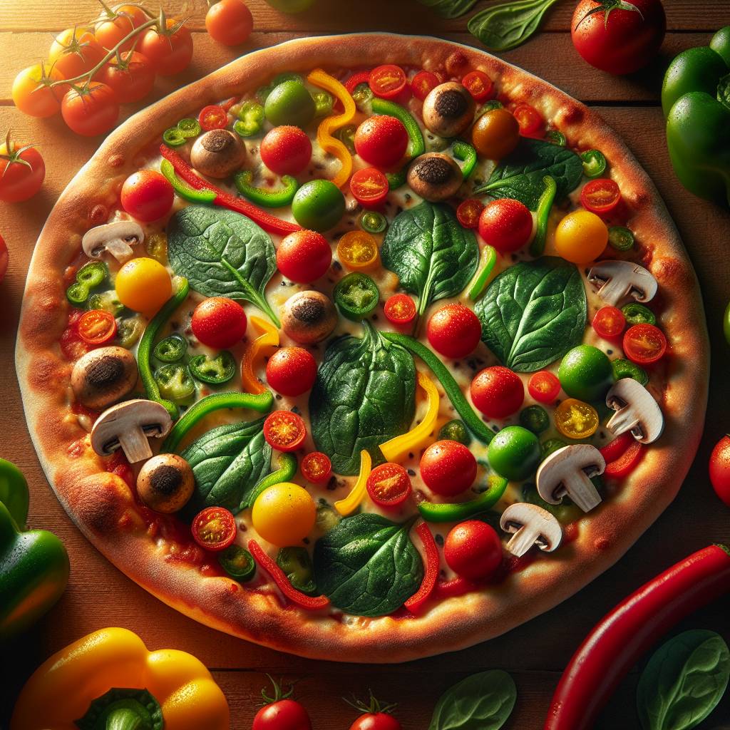A colorful array of fresh vegetables like spinach, bell peppers, cherry tomatoes, and mushrooms, all neatly arranged on a delicious, thin crust pizza.