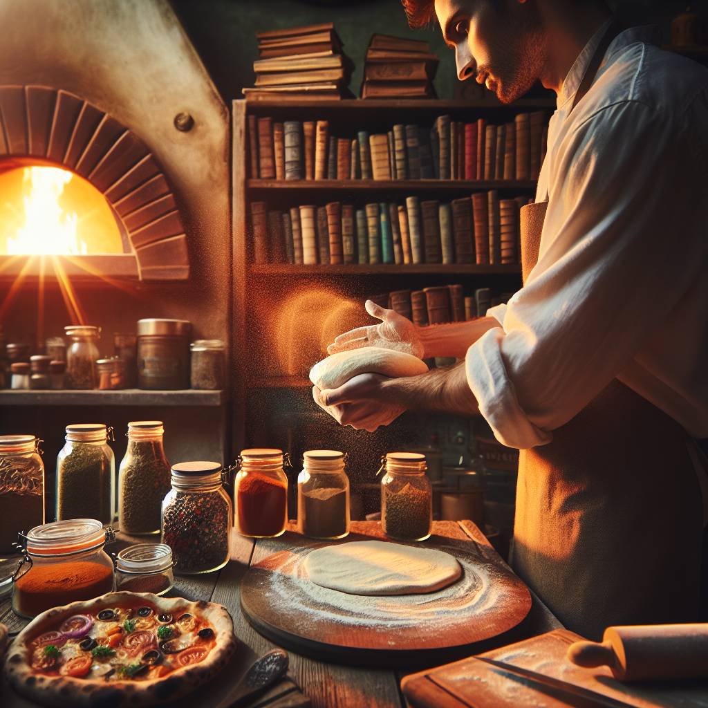 A chef hand-tossing dough in a rustic kitchen, surrounded by shelves of aged cookbooks and jars of colorful spices. A wood-fired oven crackling in the background, casting a warm glow over the scene.