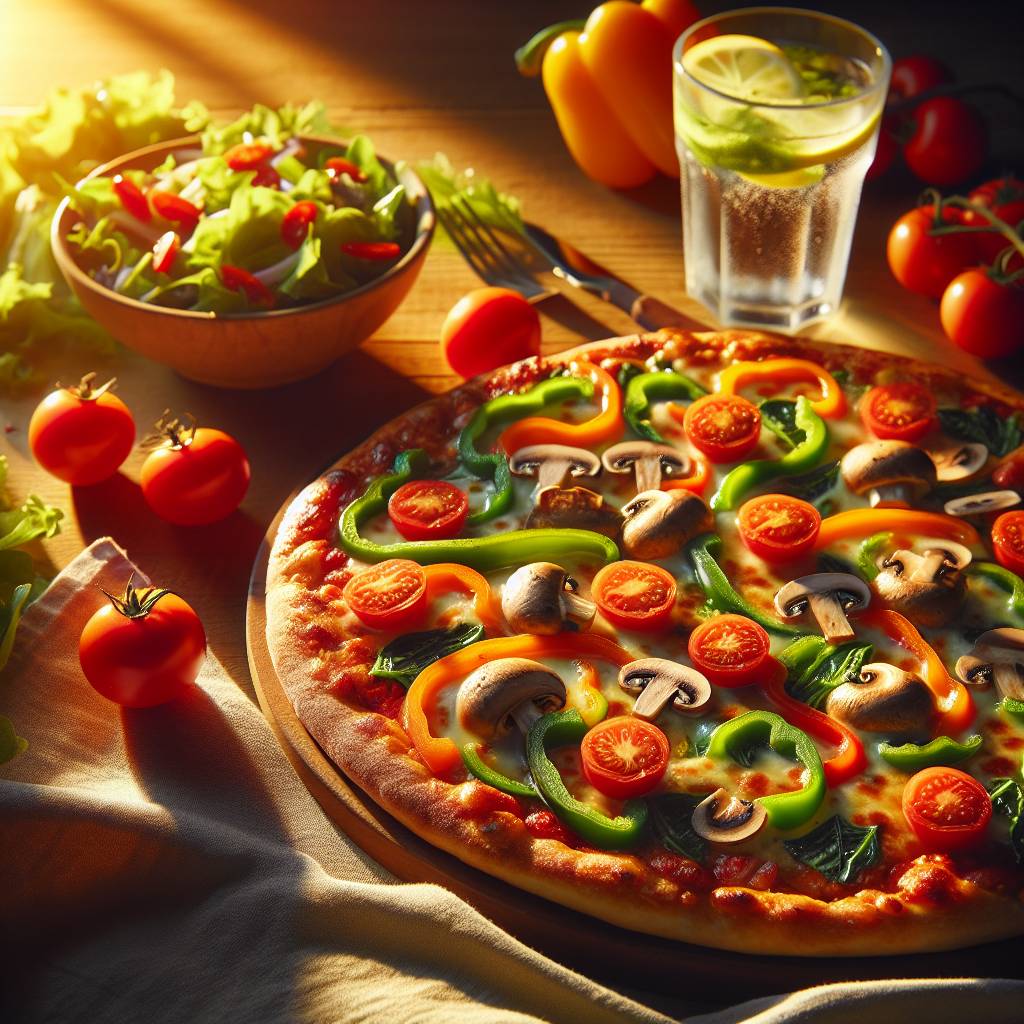 A colorful vegetable pizza with a variety of toppings like bell peppers, mushrooms, and tomatoes, perfectly baked with melted cheese on a crispy crust. A side salad with fresh greens, cherry tomatoes, and a light vinaigrette dressing. A glass of water with lemon slices on the side.