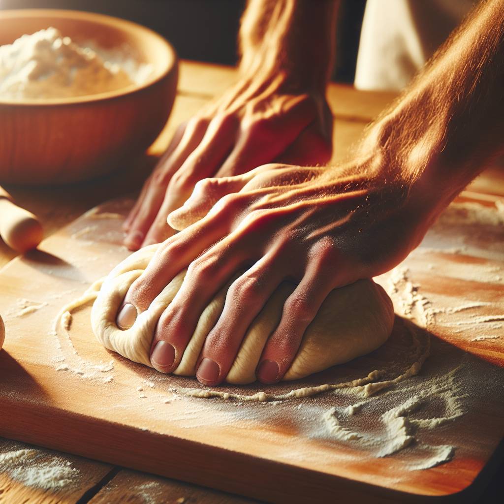 A close-up photo of a pizza dough being kneaded, showing hands mixing gluten-free flour with water. The dough is smooth and slightly sticky, with visible air bubbles forming. A wooden cutting board and a small bowl of flour are in the background.