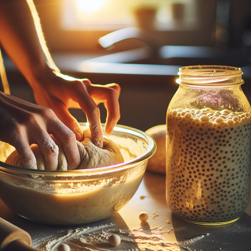 A pair of hands kneading pizza dough in a mixing bowl, with a jar of bubbly sourdough starter nearby.