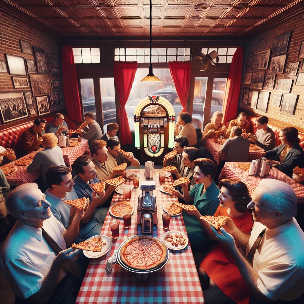 A vintage pizza parlor with classic red checkered tablecloths, a jukebox in the corner, and families enjoying slices of pizza together.