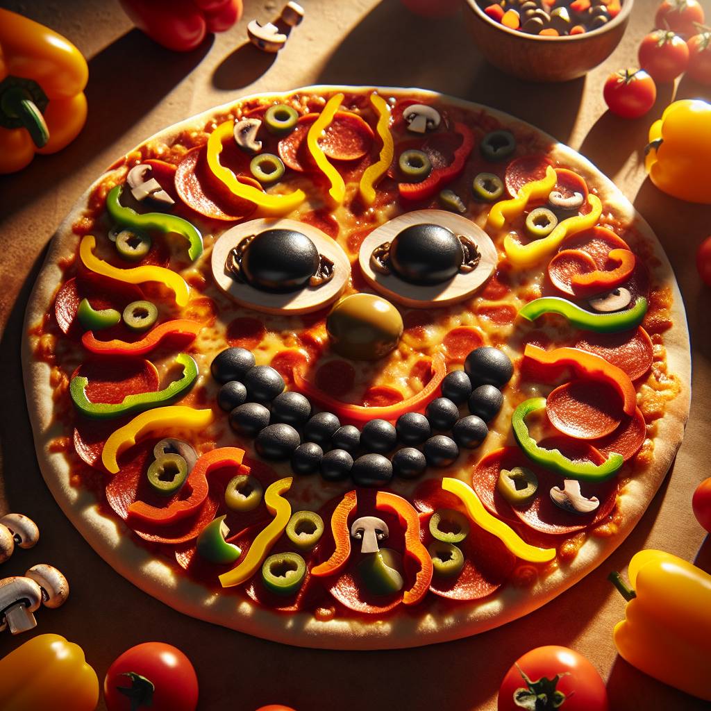 A colorful array of pizza toppings like pepperoni, mushrooms, bell peppers, and olives, arranged in smiley faces and fun shapes on a pizza crust. Bright, playful ingredients perfect for a kid-friendly pizza party.