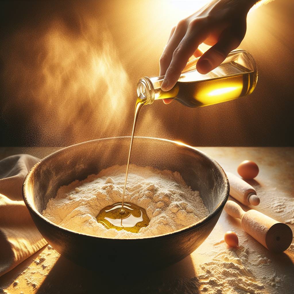 A close-up of a hand pouring olive oil into a mixing bowl filled with flour and yeast.