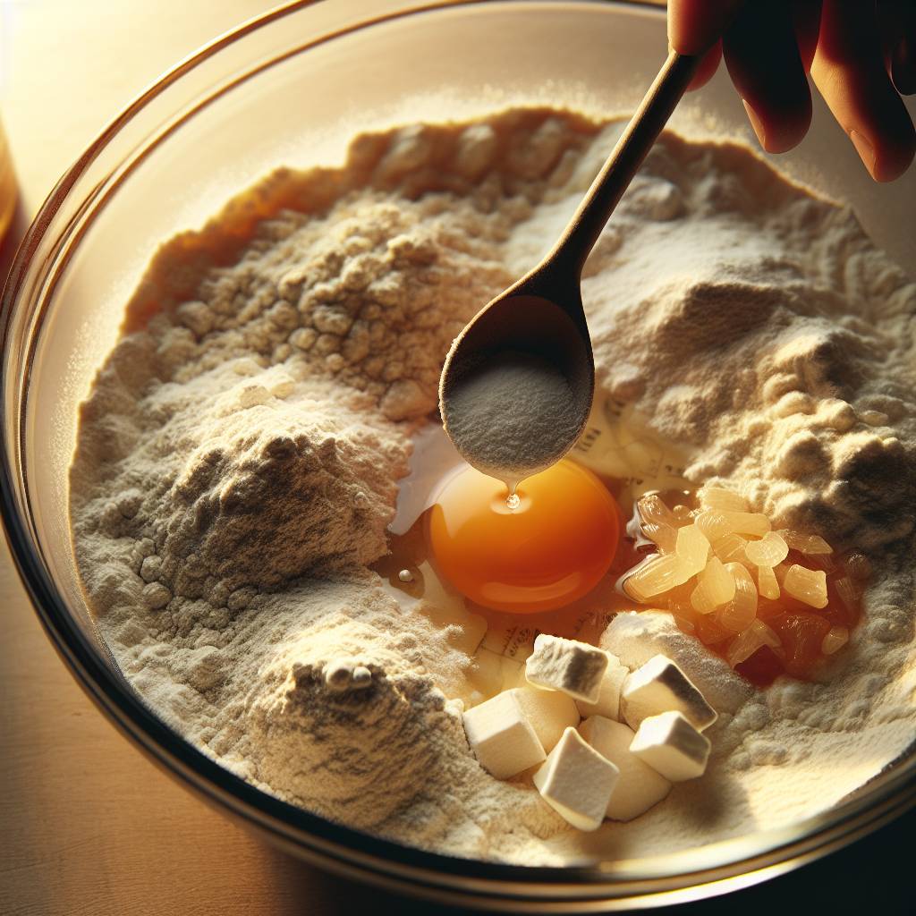 A close-up of a mixing bowl filled with flour, yeast, water, and a spoonful of sugar. The ingredients are being stirred together to create pizza dough.