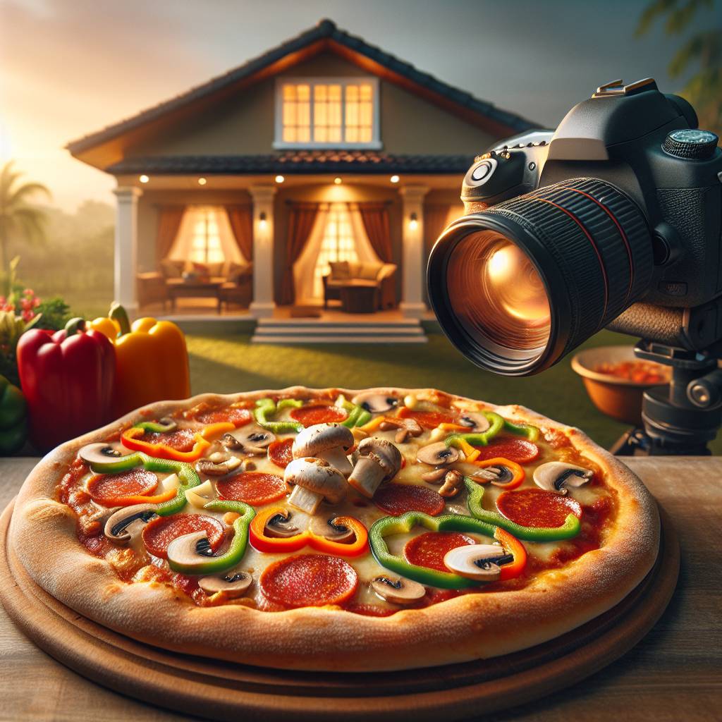 A colorful pizza topped with a variety of ingredients like pepperoni, mushrooms, bell peppers, onions, and melted cheese, all perfectly balanced on a crispy crust. In the background is a warm and inviting family home.