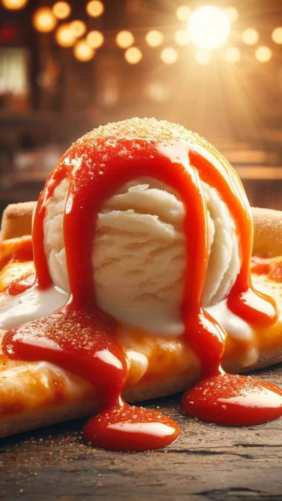 A slice of pizza with a scoop of vanilla ice cream melting in the center, drizzled with bright red hot sauce on a rustic wooden table.