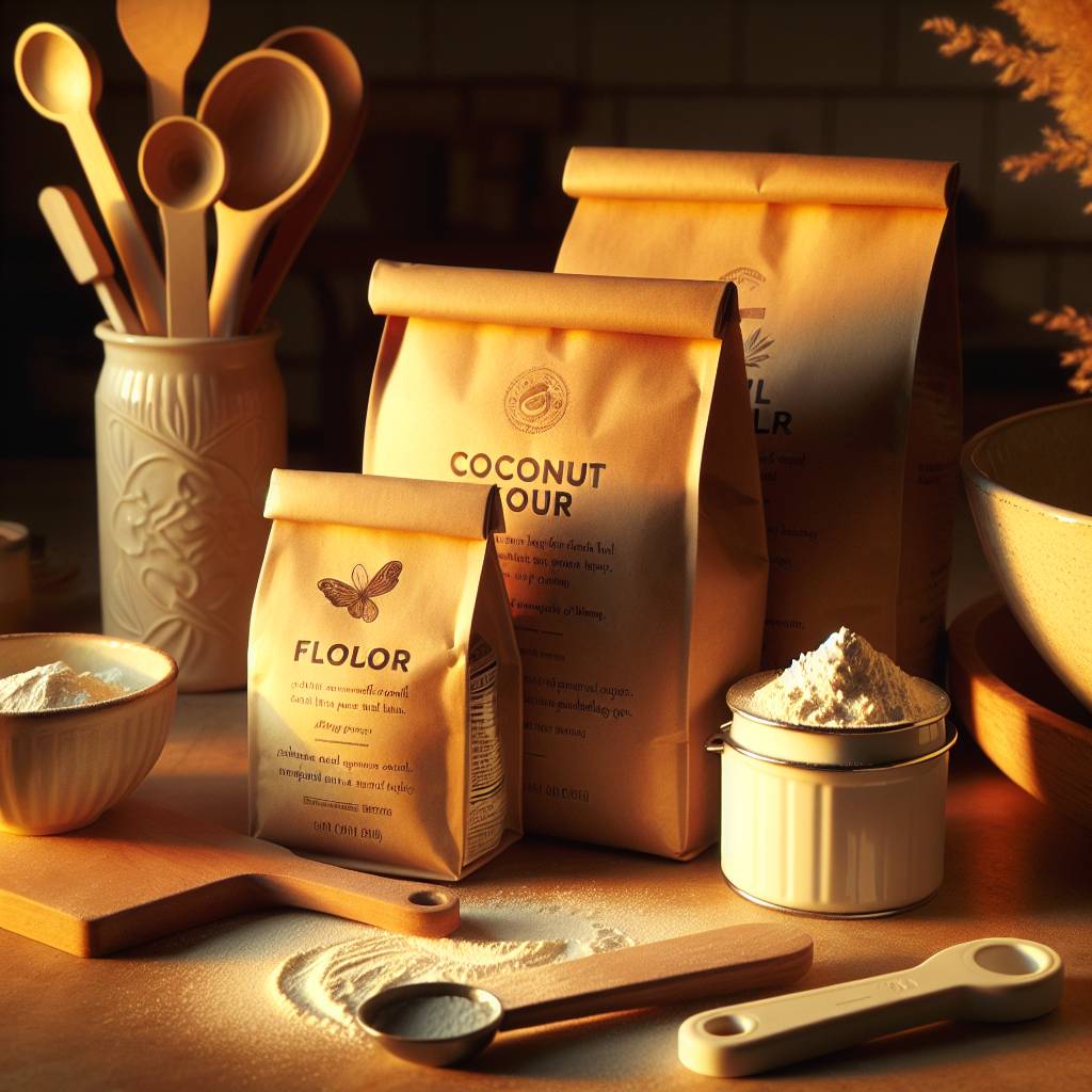 Different types of flour bags - almond flour, coconut flour, and tapioca flour, along with a mixing bowl, measuring cups, and a wooden spoon on a kitchen counter.