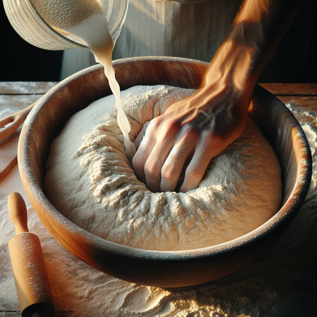 Cold water being poured into a mixing bowl filled with flour, yeast, and salt. A hand mixing the ingredients together to form a smooth dough. A wooden rolling pin flattening the dough on a floured surface.